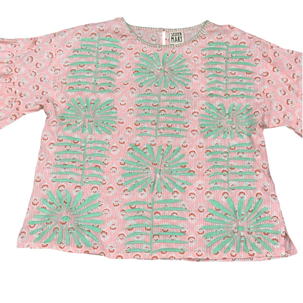 Sister Mary Pink Elena Green Embroidered Cotton Bell Sleeve Blouse Top Size S/M